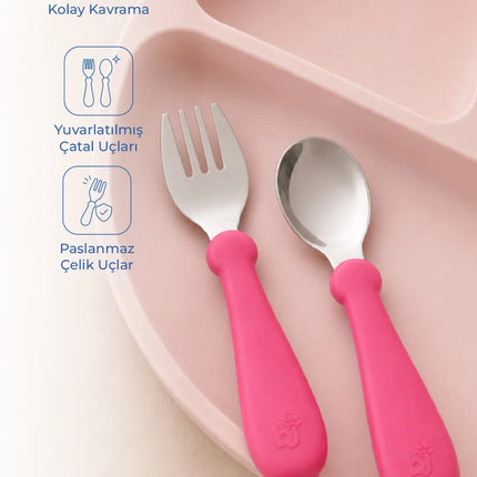 Babyjem Paslanmaz Çelik Bebek Çatal Kaşık Seti - Pembe