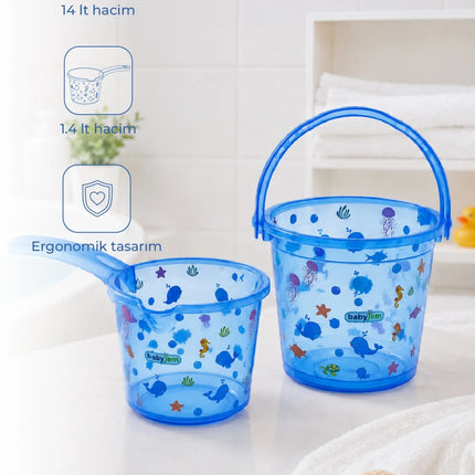 Babyjem Şeffaf Kova & Maşrapa Set Mavi Desenli