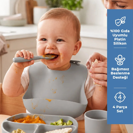 Babyjem Silikon Beslenme Seti Gri 4 Parça Hediye Seti