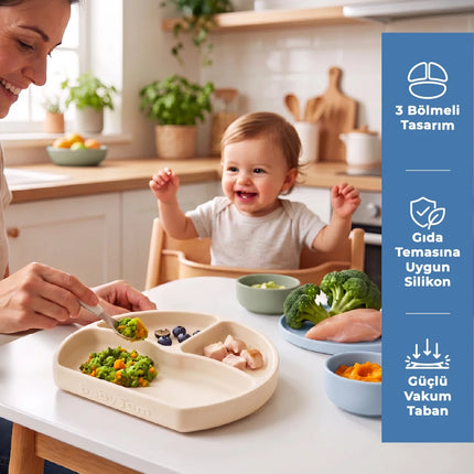 Babyjem Vakum Tabanlı Sabitlenebilir Silikon Tabak Ekru
