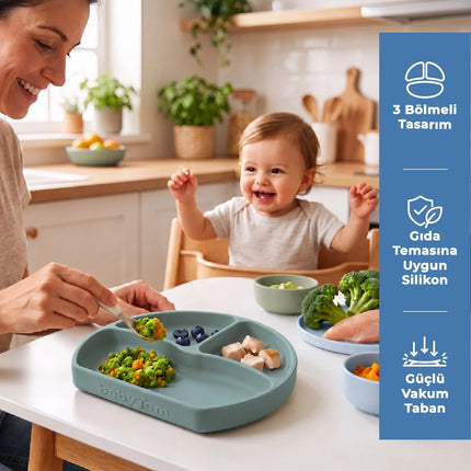 Babyjem Vakum Tabanlı Sabitlenebilir Silikon Tabak Yeşil