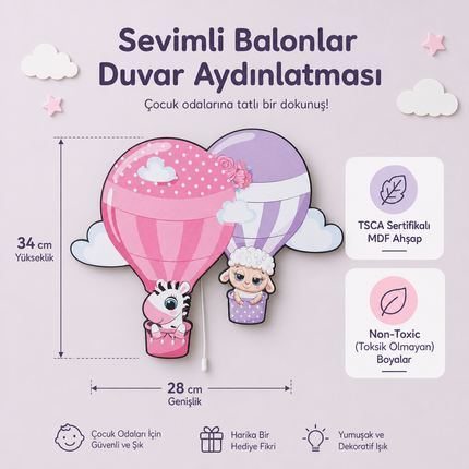 Balon Arkadaşları Bebek ve Çocuk Odası LED Pili Duvar Lambası Işıklı