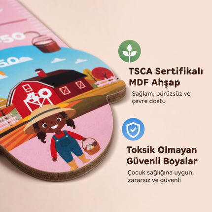 Ahşap Çocuk Boy Ölçer - Pembe Çiftlik Temalı - Cm Ölçü