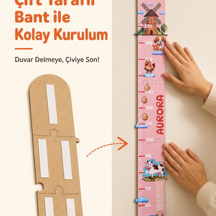 Kişiye Özel İsimli Ahşap Çocuk Boy Ölçer - Çiftlik Temalı - Cm Ölçü