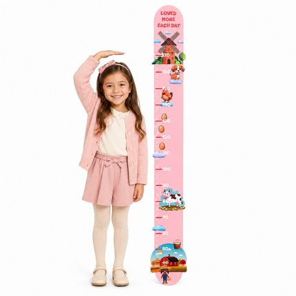 Ahşap Çocuk Boy Ölçer - Pembe Çiftlik Temalı - Cm Ölçü