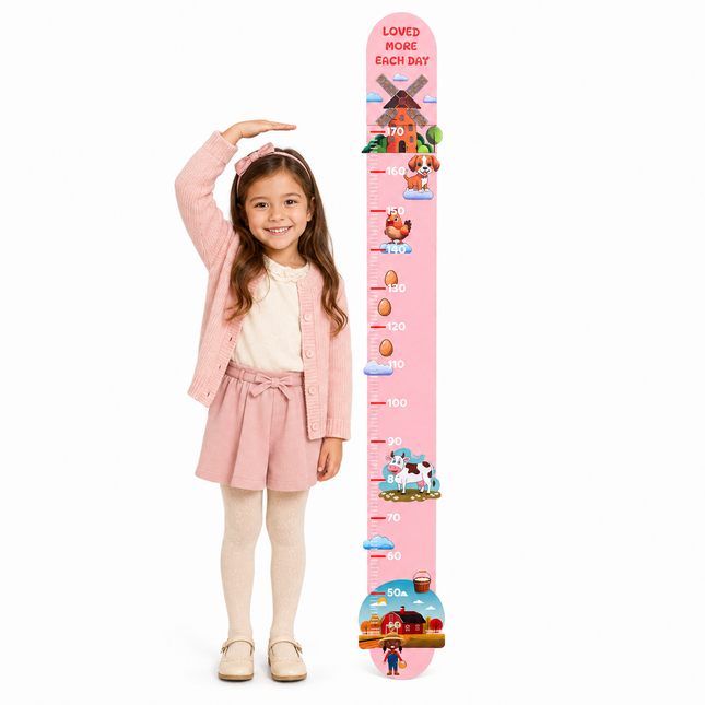 Ahşap Çocuk Boy Ölçer - Pembe Çiftlik Temalı - Cm Ölçü
