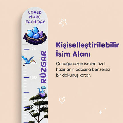 Kişiye Özel İsimli Ahşap Çocuk Boy Ölçer - Dinozorlar Dünyası - Cm Ölçü