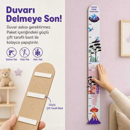 Kişiye Özel İsimli Ahşap Çocuk Boy Ölçer - Dinozorlar Dünyası - Cm Ölçü