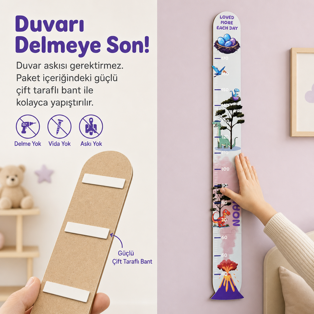 Kişiye Özel İsimli Ahşap Çocuk Boy Ölçer - Dinozorlar Dünyası - Cm Ölçü