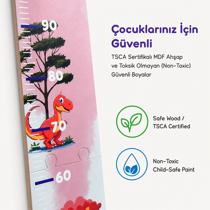 Ahşap Çocuk Boy Ölçer - Dinozorlar Dünyası Temalı - Cm Ölçü