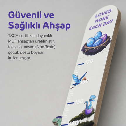 Kişiye Özel İsimli Ahşap Çocuk Boy Ölçer - Dinozorlar Dünyası - Cm Ölçü