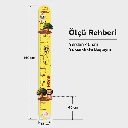 Kişiye Özel İsimli Ahşap Çocuk Boy Ölçer - Orman Arkadaşları - Cm Ölçü