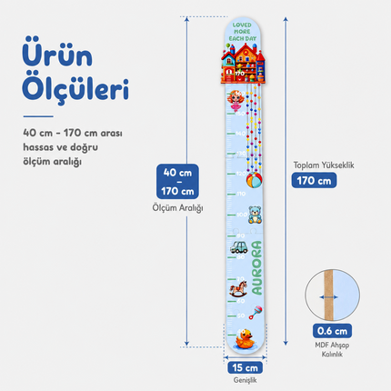 Kişiye İsimli Özel Ahşap Çocuk Boy Ölçer - Oyun Evi Temalı - Cm Ölçü
