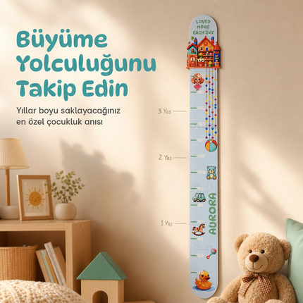 Kişiye İsimli Özel Ahşap Çocuk Boy Ölçer - Oyun Evi Temalı - Cm Ölçü