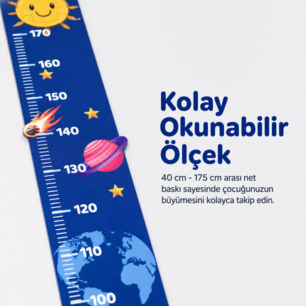 Kişiye İsimli Özel Ahşap Çocuk Boy Ölçer - Uzay Macerası - Cm Ölçü