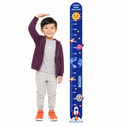 Kişiye İsimli Özel Ahşap Çocuk Boy Ölçer - Uzay Macerası - Cm Ölçü