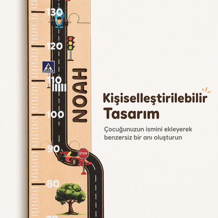 Kişiye İsimli Özel Ahşap Çocuk Boy Ölçer - Yarış Yolu Temalı - Cm Ölçü