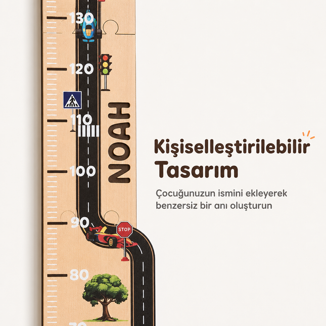 Kişiye İsimli Özel Ahşap Çocuk Boy Ölçer - Yarış Yolu Temalı - Cm Ölçü