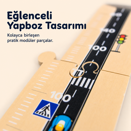Ahşap Çocuk Boy Ölçer - Yarış Yolu Temalı - Cm Ölçü