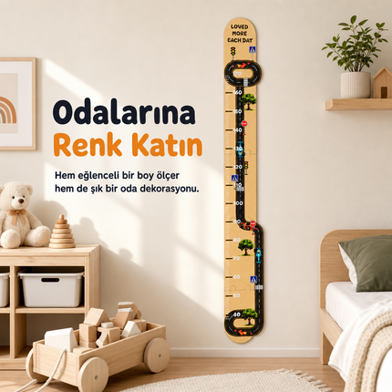 Ahşap Çocuk Boy Ölçer - Yarış Yolu Temalı - Cm Ölçü