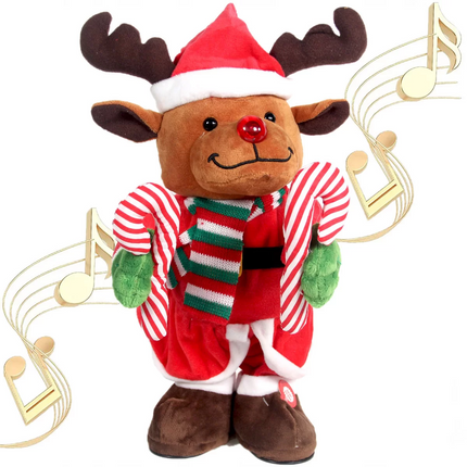 Christmas Dancing Battery-Operated Plush Reindeer with Cane