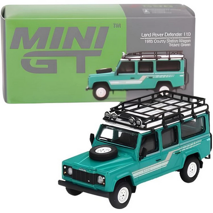 Mini GT 1/64 Land Rover Defender 110 1985 County Station Wagon Trident Green
