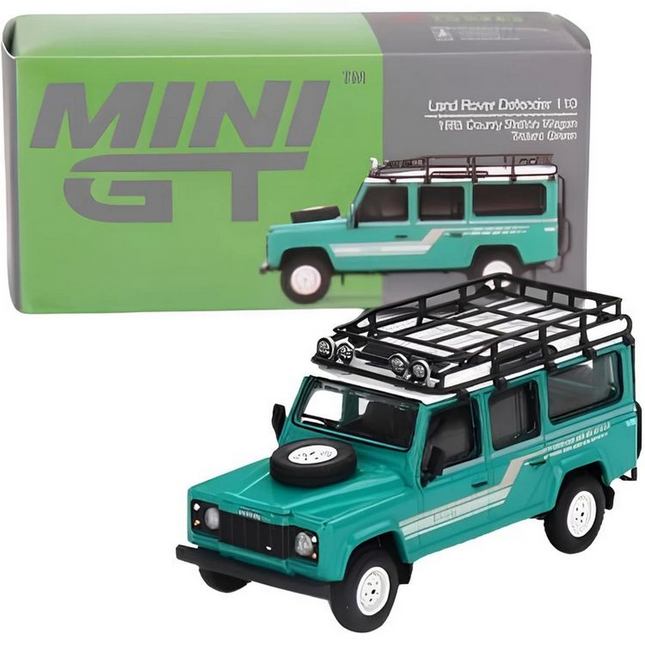 Mini GT 1/64 Land Rover Defender 110 1985 County Station Wagon Trident Green