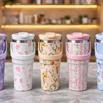 Çiçek Desenli 900 ml Taşıma Kulplu Paslanmaz Çelik Termos Mug Bardak