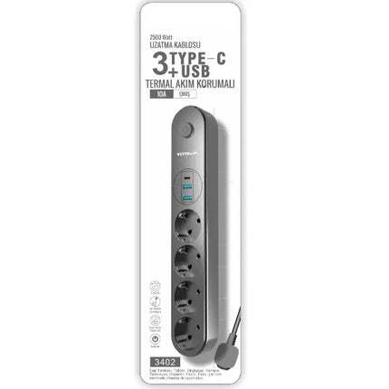 Termal Akım Korumalı 4 Prizli USB Girişli Uzatma Kablosu