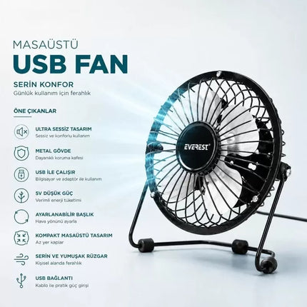 Masaüstü Mini USB Fan - Metal Gövdeli - Ultra Sessiz