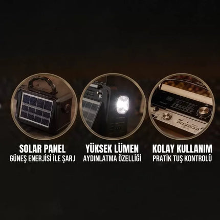 Nostalji Müzik Kutusu - Solar Panelli - Şarjlı - AUX Girişi - LED Fener - Bluetooth