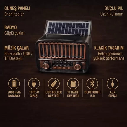 Solar Panelli FM Radyo - Şarjlı - Bluetooth Özellikli - AUX Girişli - Nostaljik Tasarım