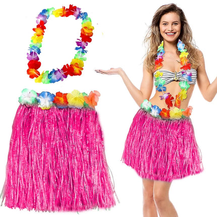 Hawaii Pembe Püsküllü 40 cm Etek ve Kolye Seti