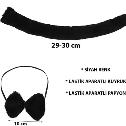 Peluş Siyah Renk Kuyruk ve Papyon Yetişkin Çocuk Uyumlu