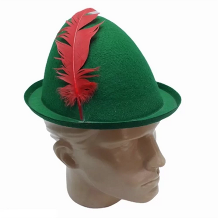 Peter Pan Şapkası Yeşil Renk Kırmızı Tüylü