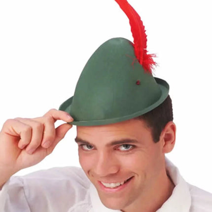 Peter Pan Şapkası Yeşil Renk Kırmızı Tüylü