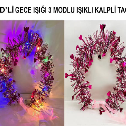 Kalp Püsküllü 3 Modlu LED Işıklı Taç Fuşya Renk