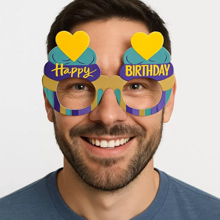 Cupcake Temalı Doğum Günü Renkli Karton Happy Birthday Gözlüğü 6 Adet