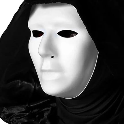 Siyah Kapüşonlu 120 cm Pelerin ve Beyaz Boyanabilir Tam Yüz Maske