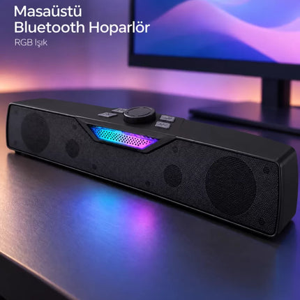 RGB Işıklı Bluetooth 5.4 Masaüstü Soundbar Hoparlör USB Destekli Siyah