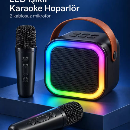 Çift Kablosuz Mikrofonlu LED Işıklı Bluetooth Karaoke Hoparlör Seti