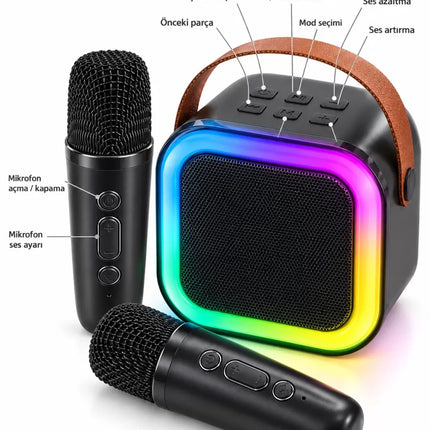 Renkli LED Aydınlatmalı Taşınabilir Bluetooth Hoparlör ve 2 Mikrofon Seti