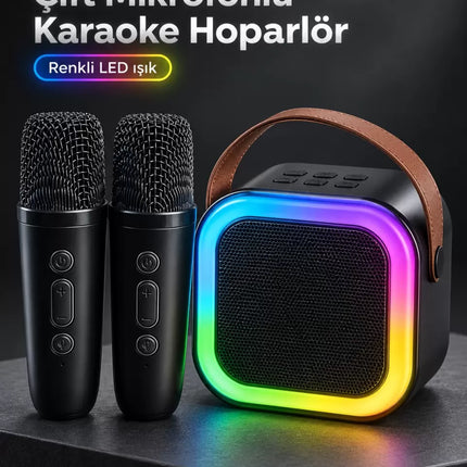 Taşıma Askılı Siyah LED Işıklı Bluetooth Hoparlör Çift Mikrofonlu Karaoke Seti