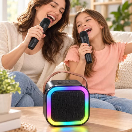 Taşıma Askılı Siyah LED Işıklı Bluetooth Hoparlör Çift Mikrofonlu Karaoke Seti