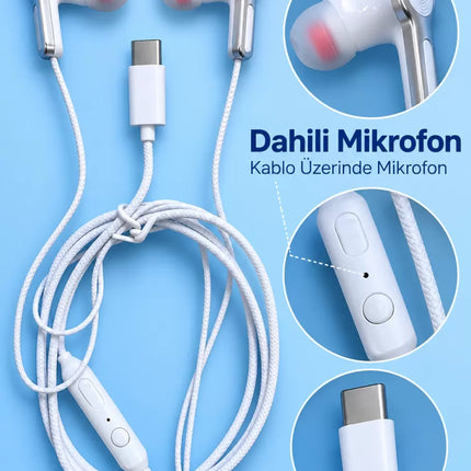 Type C Girişli Mikrofonlu Beyaz Kablolu Kulak İçi Kulaklık