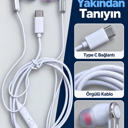 Type C Girişli Mikrofonlu Beyaz Kablolu Kulak İçi Kulaklık