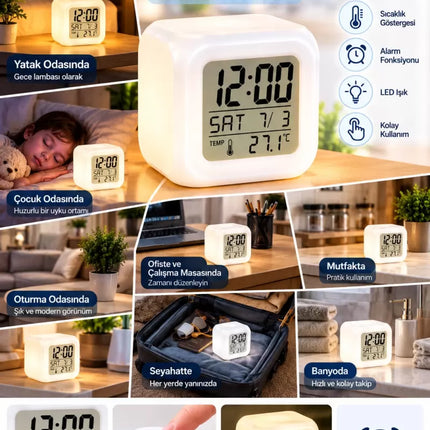 Modern Tasarımlı Küp Saat LED Aydınlatmalı Dijital Alarm Saati