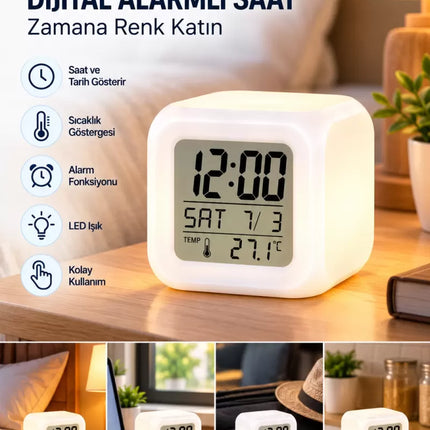 Dekoratif Küp Saat LED Işıklı Dijital Saat Alarm ve Sıcaklık Özellikli