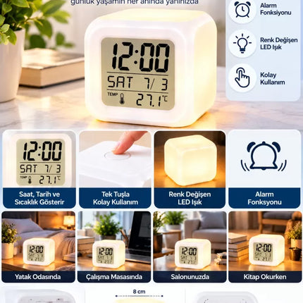 LED Aydınlatmalı Küp Saat Dijital Alarm Tarih ve Sıcaklık Göstergeli