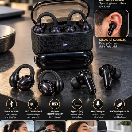 Kablosuz Bluetooth Kulaklık 2’si 1 Arada Klipsli Kulak İçi 4’lü Siyah